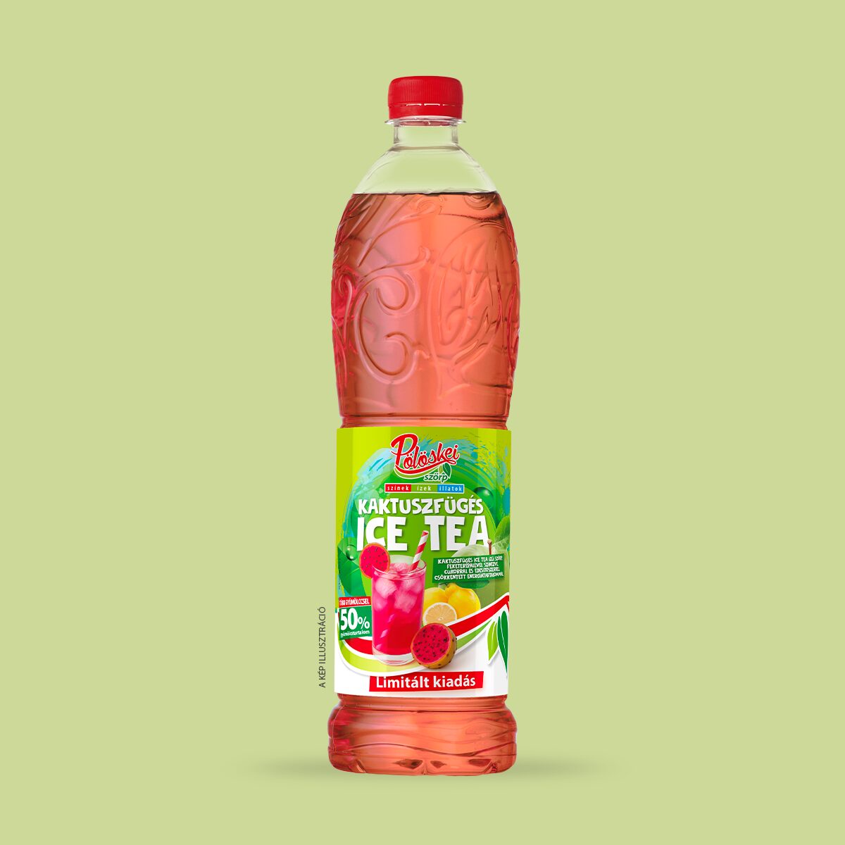 Pölöskei Szörp Kaktuszfügés ice tea ízű szörp, feketerépalével színezve.